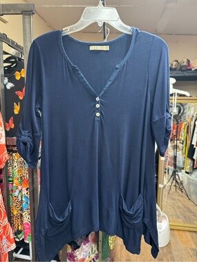 Caite Navy V-Neck Tunic with Front Pockets